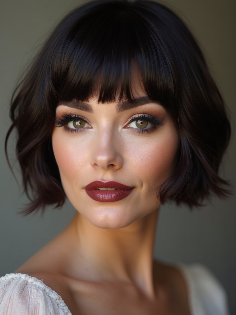 Curtain bangs balancing heart-shaped and square face shapes on short hair