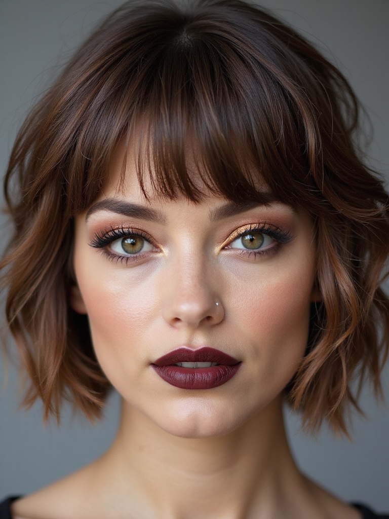 A softly textured short fringe at mid-forehead