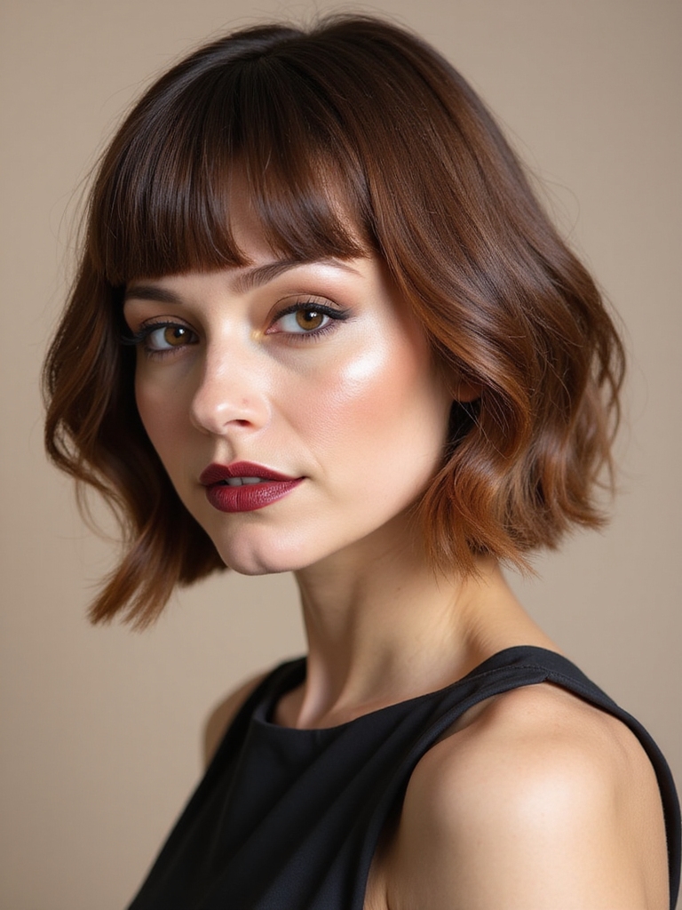 A stacked bob with soft separated bangs