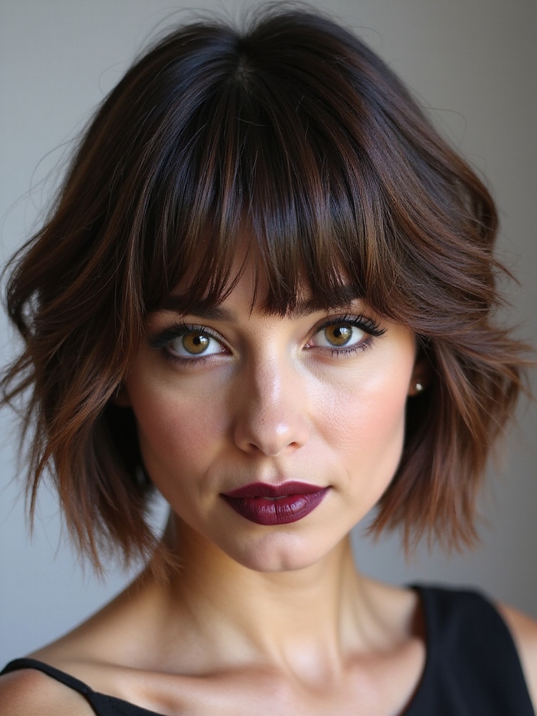 An inverted bob paired with a textured curtain fringe
