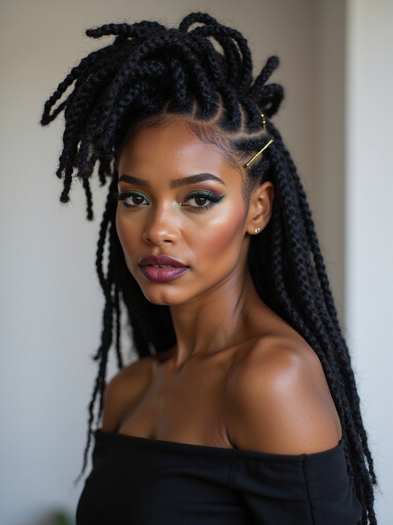 A loc faux-hawk pin-up with lifted center locs