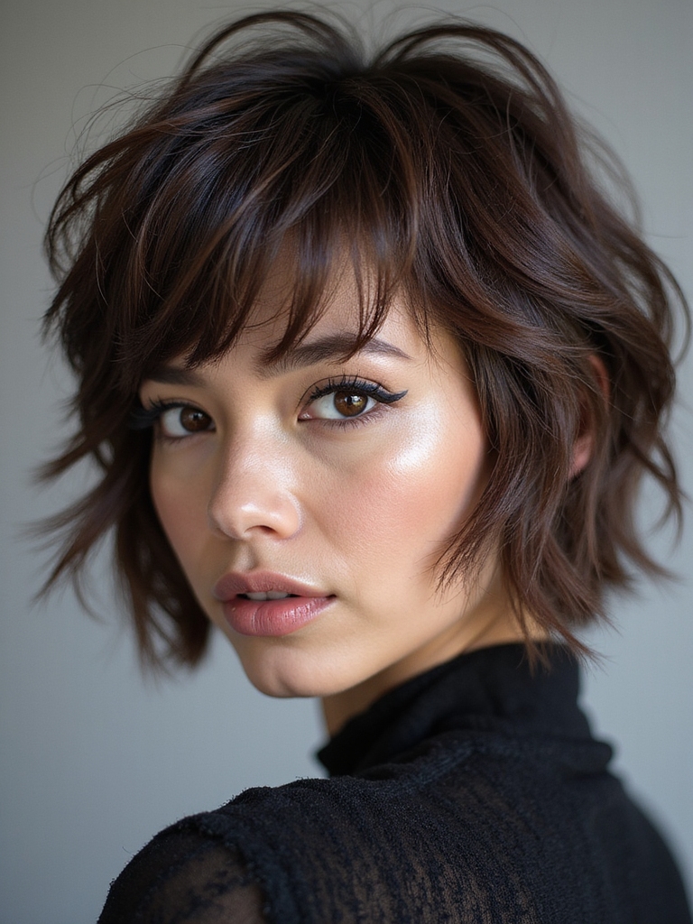 A wolf cut with face-framing highlights catching the layers