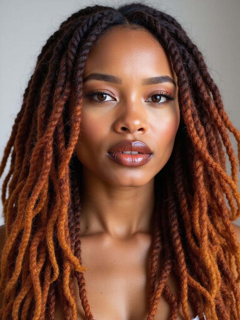 Locs with ombre color and warm highlights