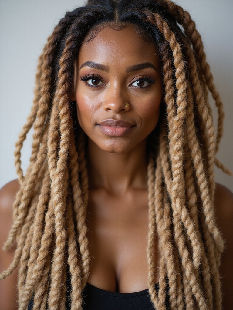 Mature locs with warm blonde honey highlights