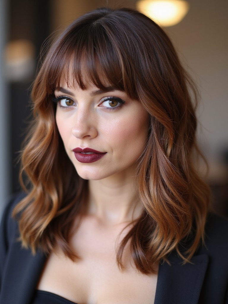 Swooped layered bangs round heart