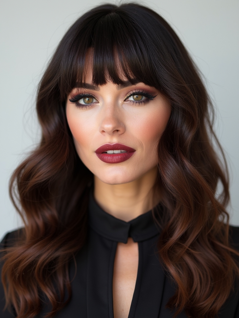 tapered bangs framing wavy texture