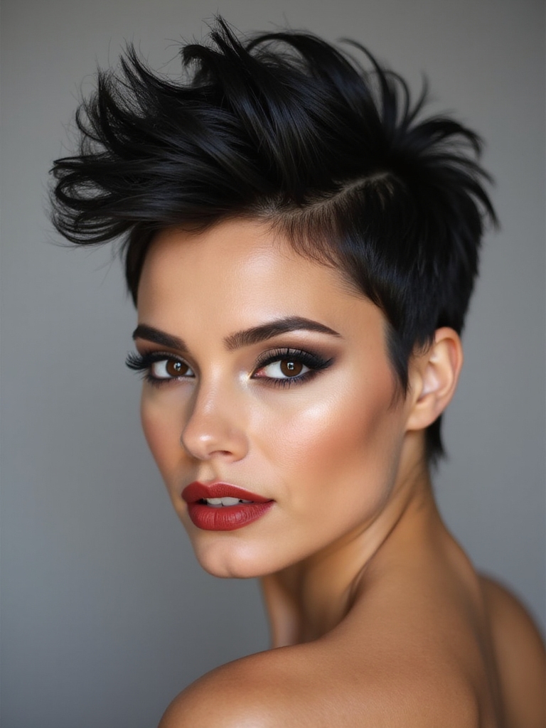 A spiky pixie with a voluminous crown and sleek sides