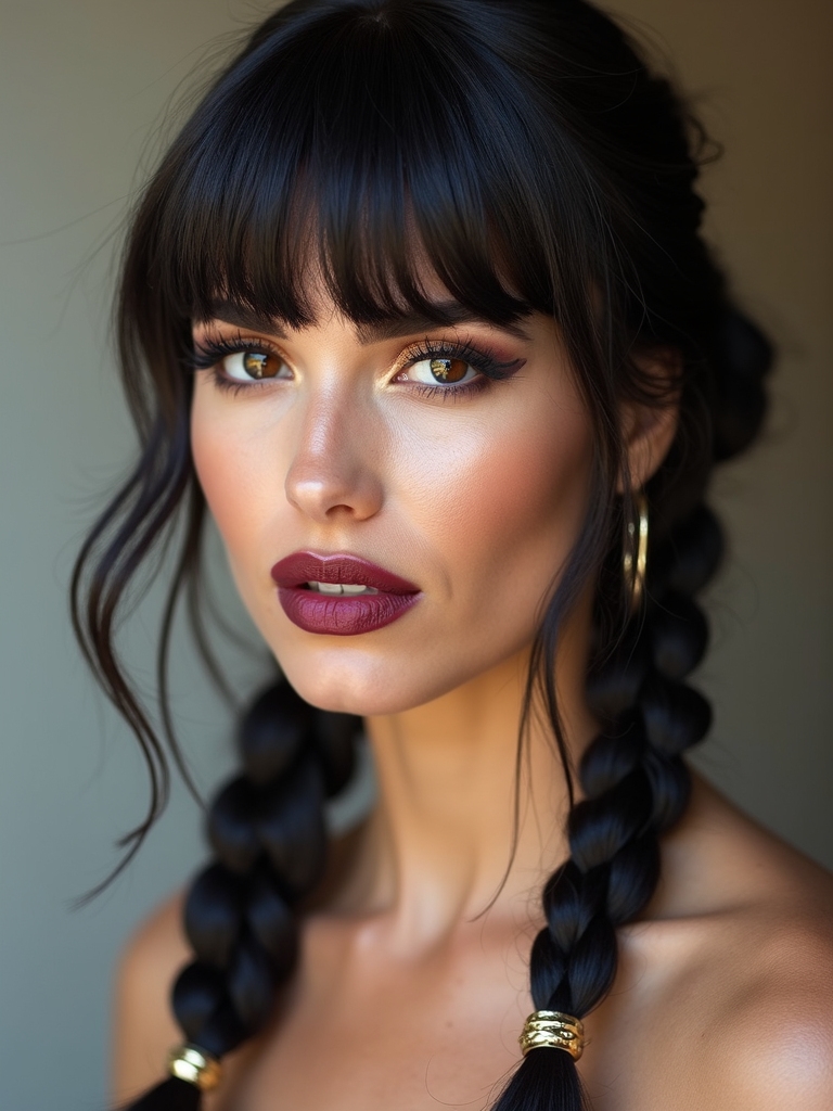 Textured baby bangs with long boho braids