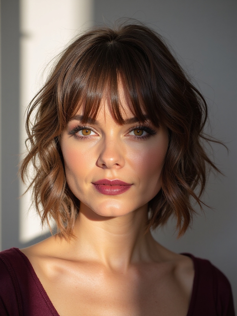 A textured bob with wispy curtain bangs