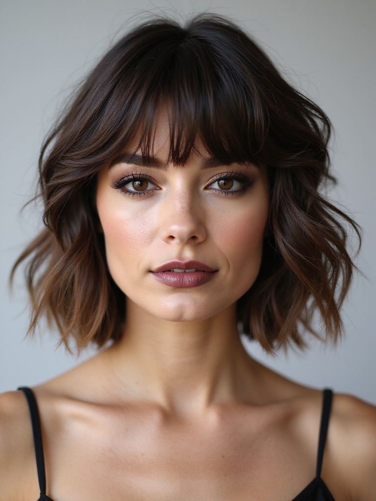 A textured bob paired with soft curtain bangs
