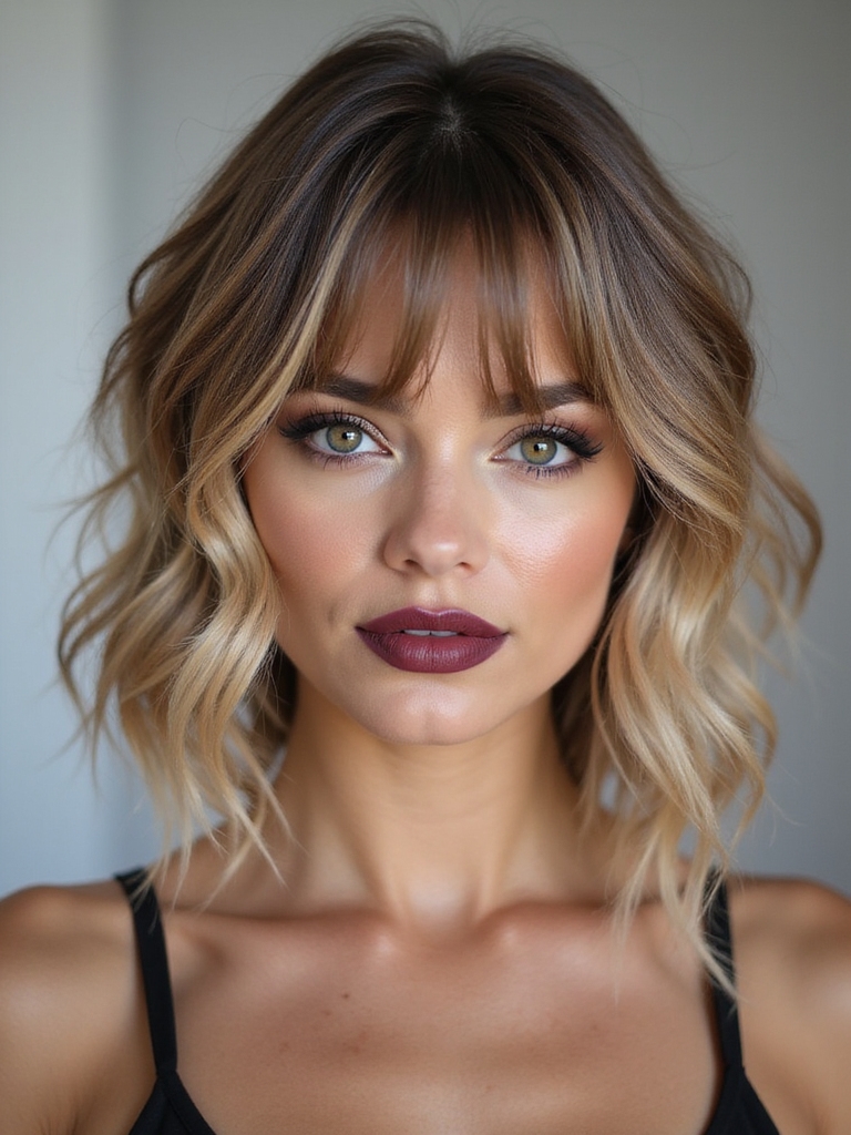 Short-shoulder textured layers with curtain bangs