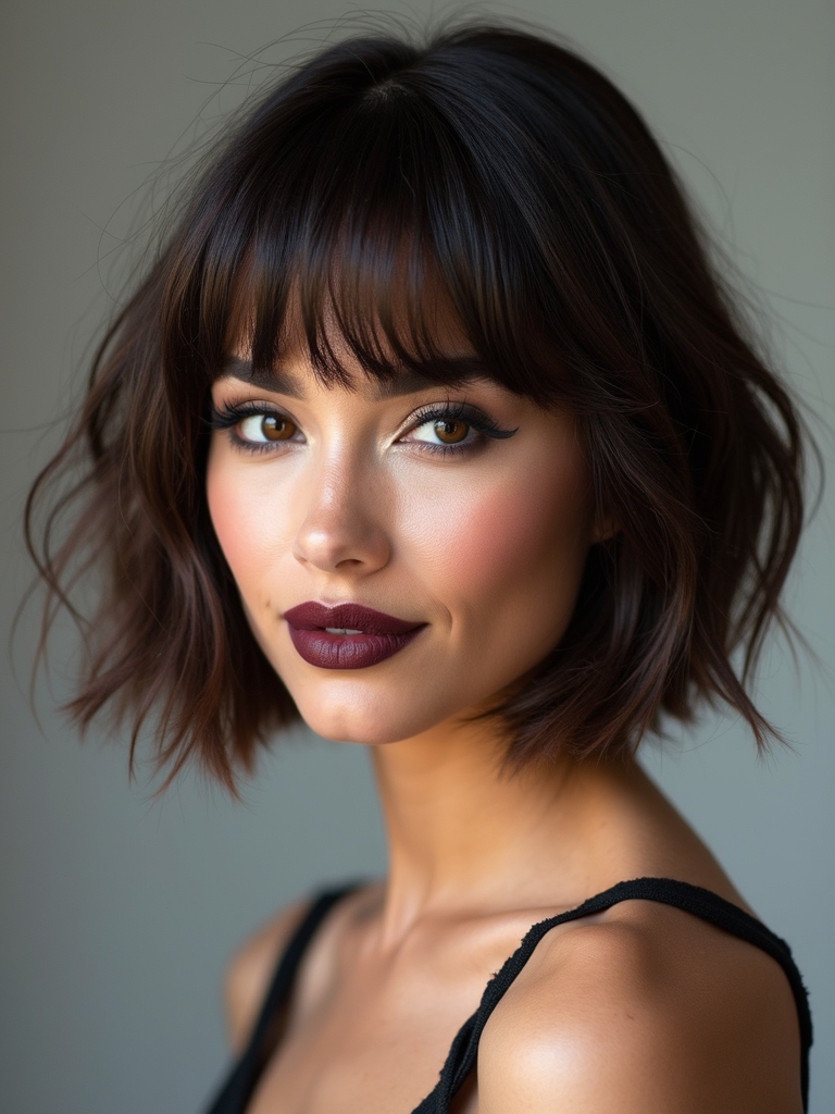 textured long bob with fringe