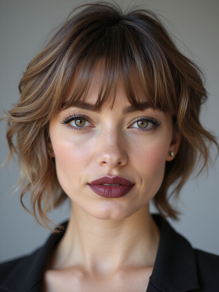 A textured pixie cut with a long grown-out curtain fringe