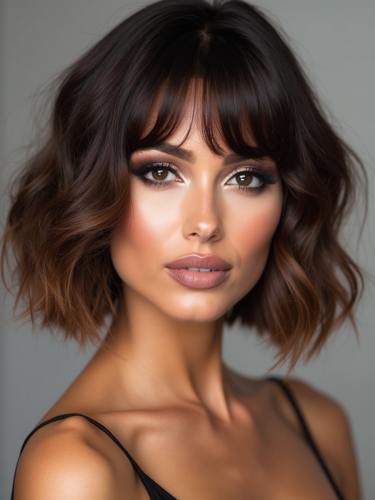 A wavy bob with piecey bangs and layers