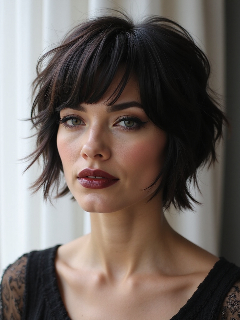 A layered wolf cut with micro curtain bangs