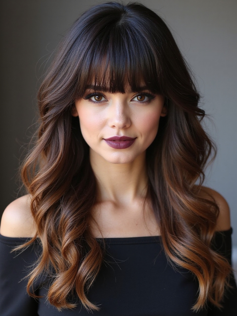 thick textured dramatic curtain bangs