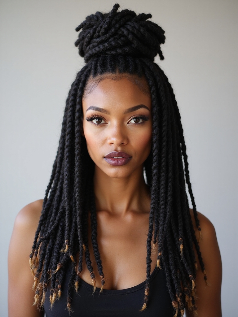 Half-up half-down locs finished with a top knot