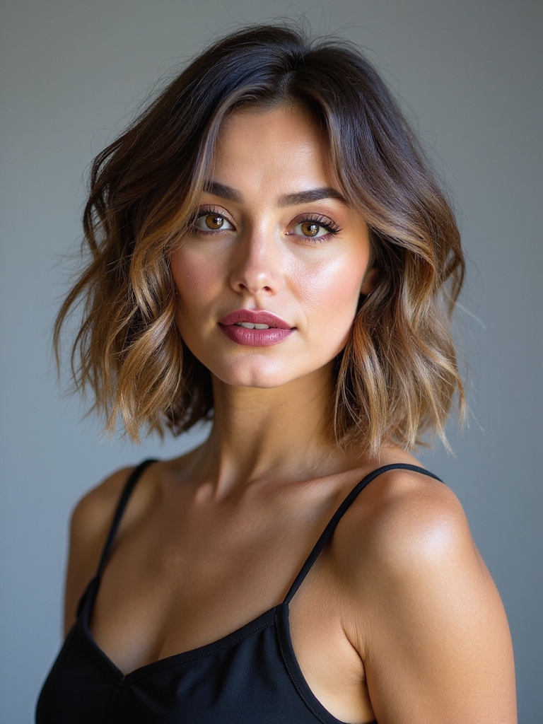 tousled lob with feathered ends