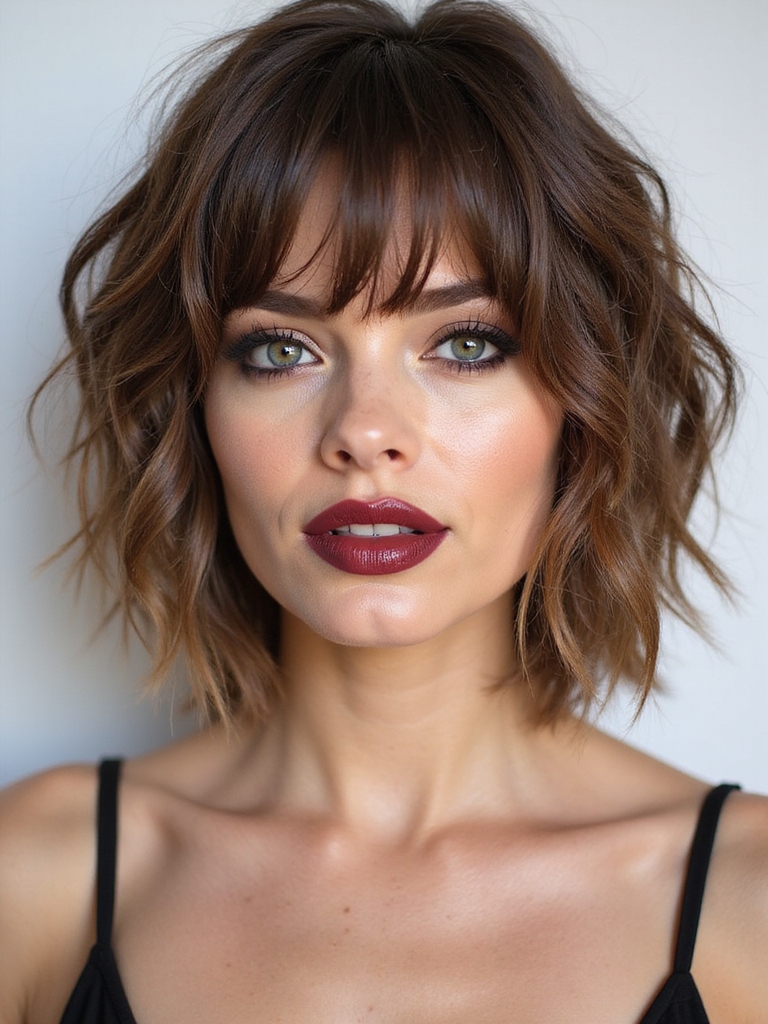 tousled mid length shag with curtain fringe