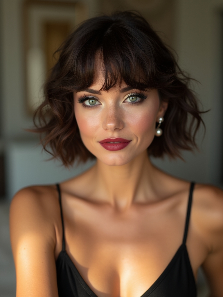 Tousled waves with short center-part curtain bangs