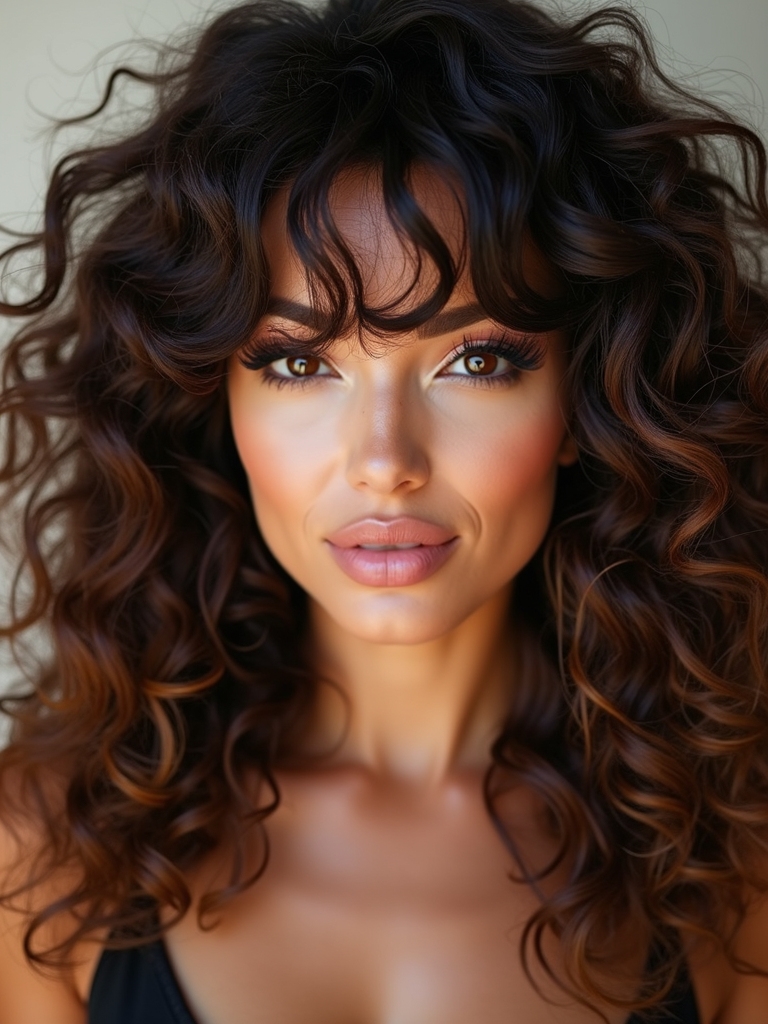 A trimmed, springy curly fringe on long curly hair