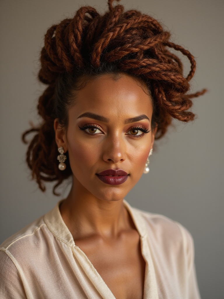 vintage roll and tuck bridal upstyle using long dreadlocks