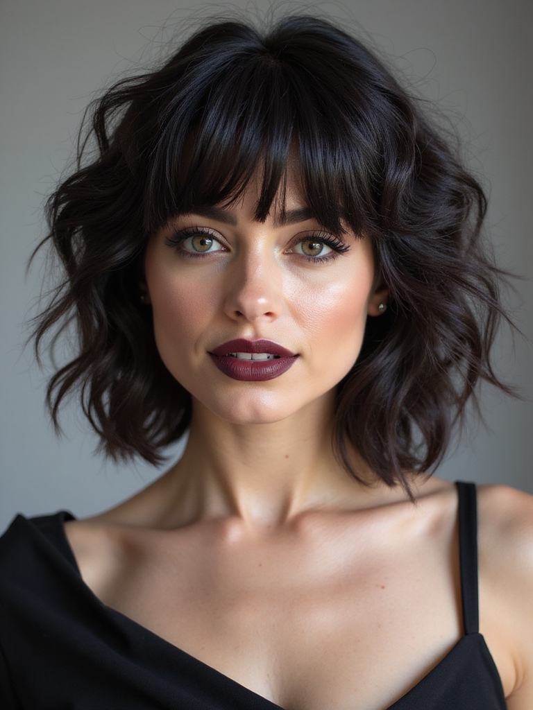 A voluminous wolf cut with bangs and face-framing pieces