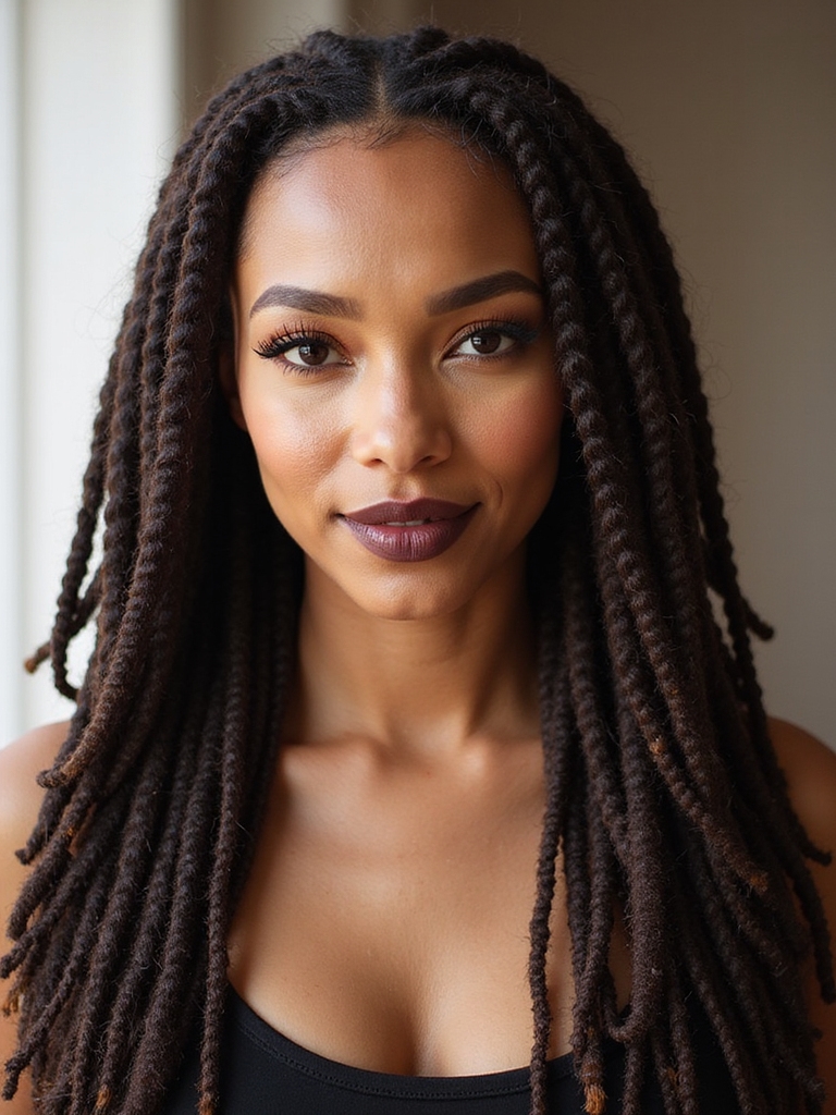 Waist-length locs with a sleek glossy middle part