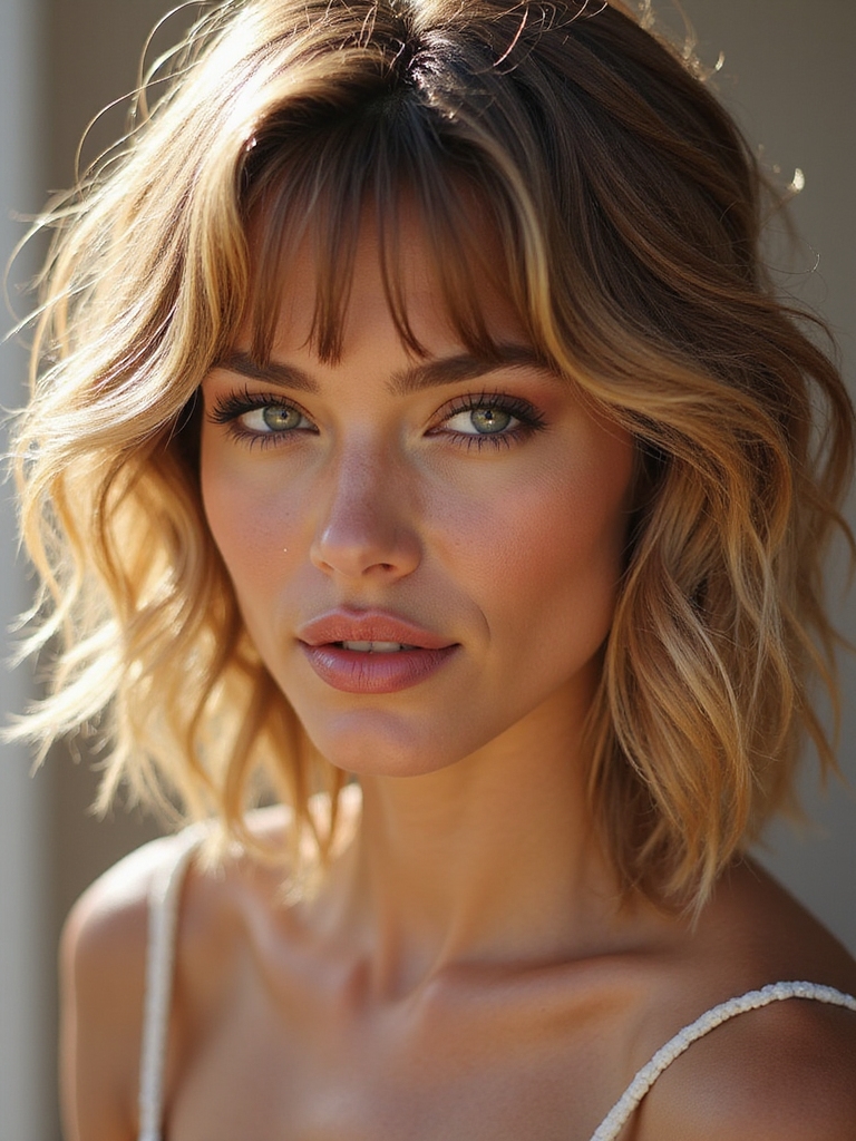 Curtain bangs wavy bob