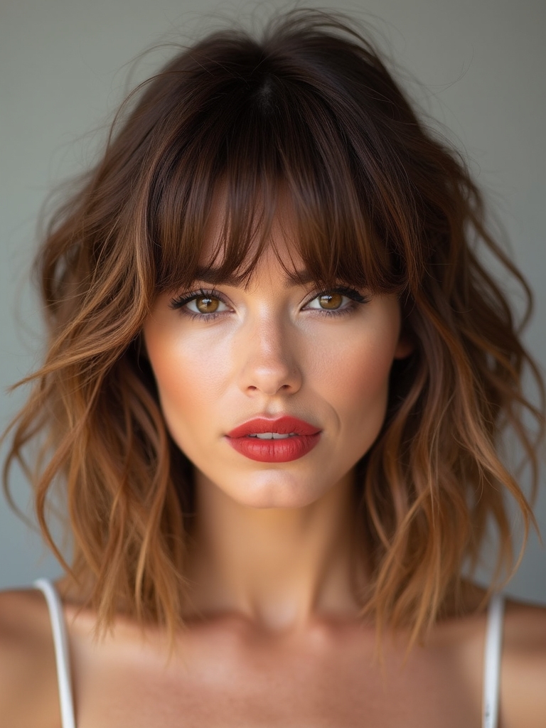 wavy lob with curtain bangs