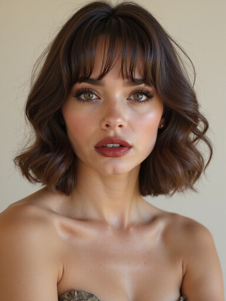 A wavy lob with airy curtain bang layers framing the face