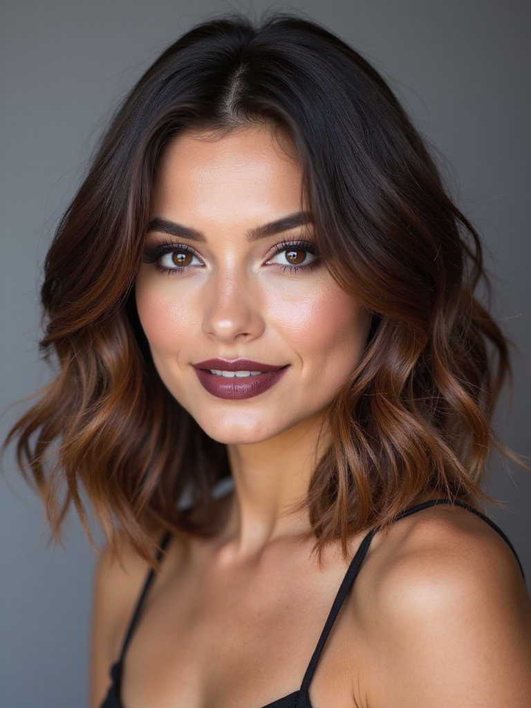A wavy mid-length brunette bob with dimensional balayage