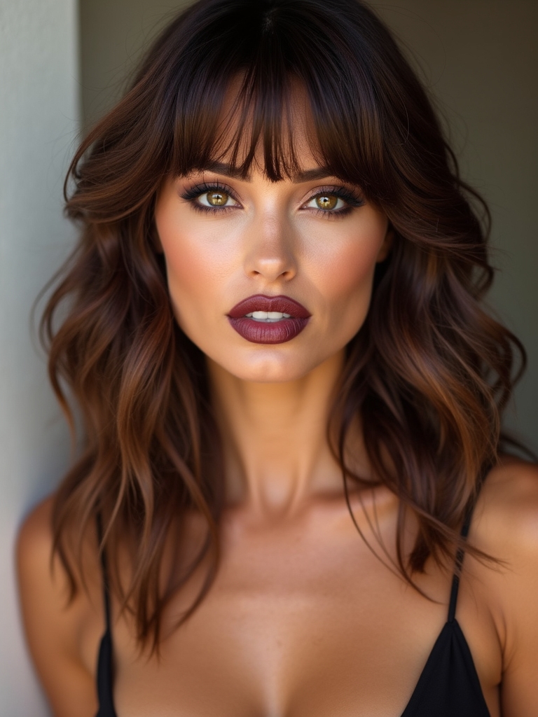 caramel curtain bangs face framing