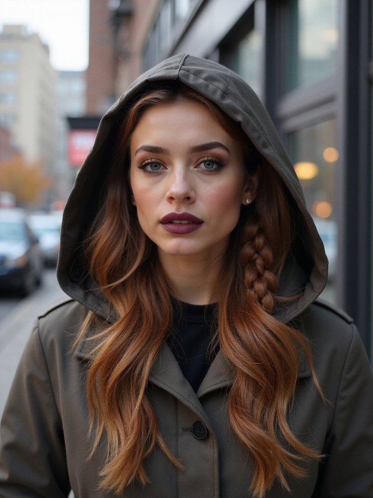 chunky braid tucked through hood