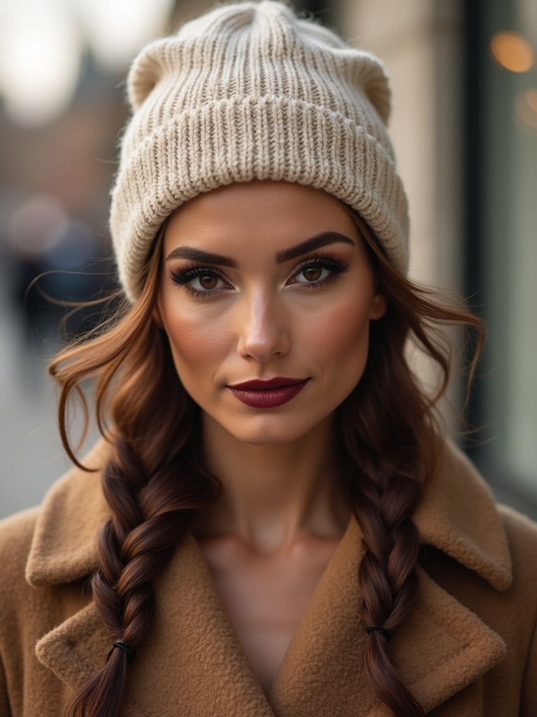 low braided bun under beanie