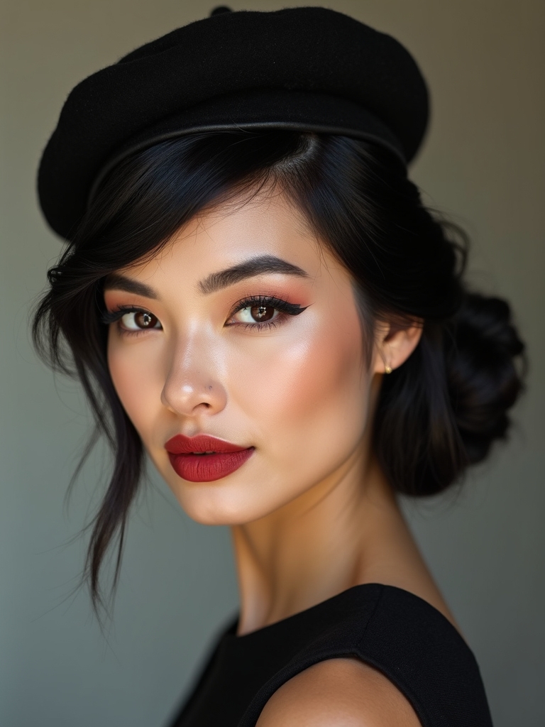 sleek low chignon under beret