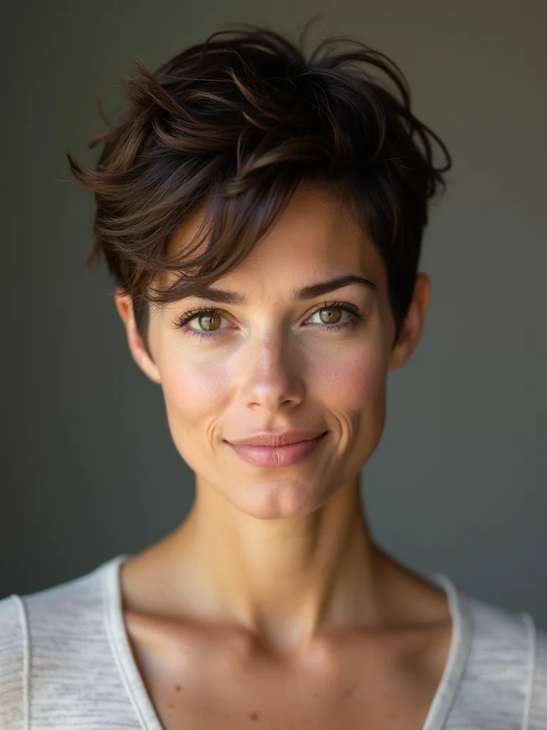 A woman in her 30s with a classic textured bixie cut, front portrait, tousled piecey top with closely tapered sides, soft studio light, light olive skin