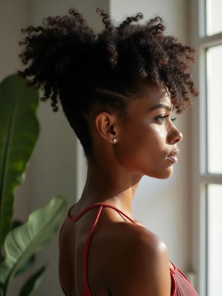 A Black woman in her 20s with a curly 4c bixie, three-quarter view, defined coils standing up through the top, tapered nape, natural window light