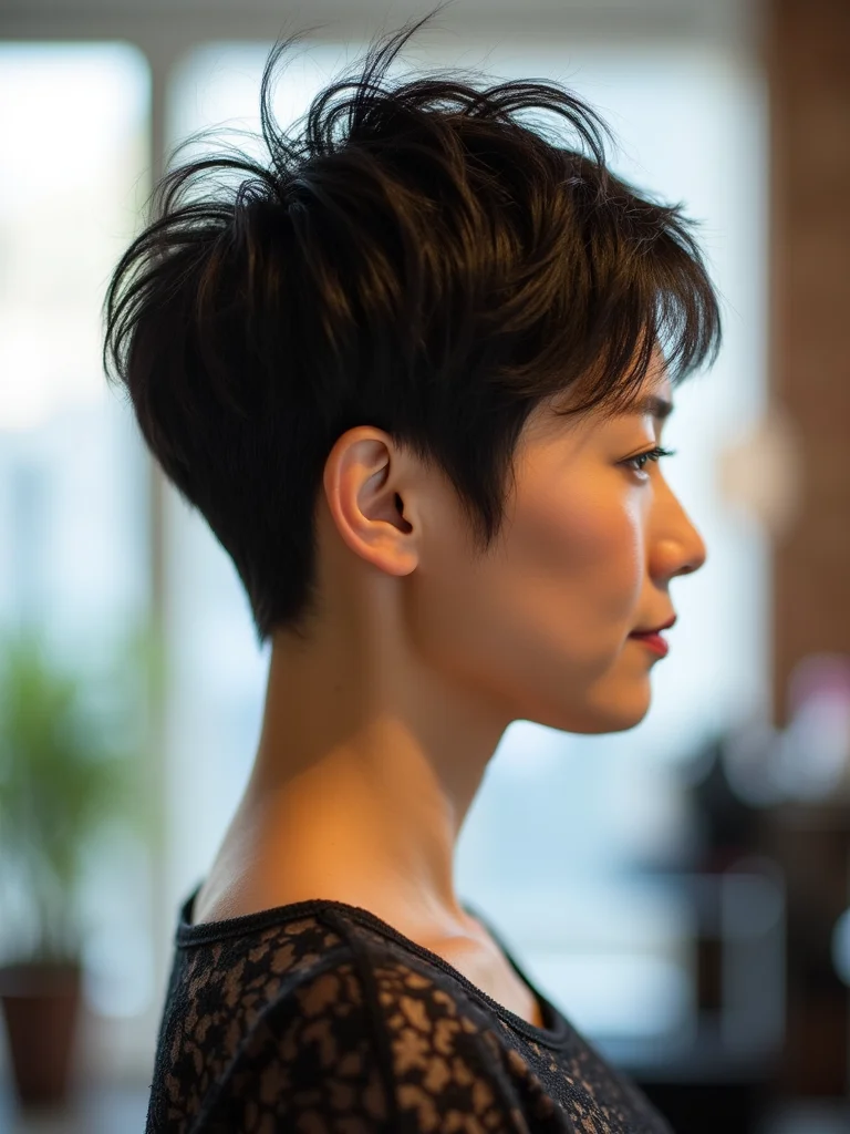 An East Asian woman in her 40s with a choppy piecey bixie, side profile showing a stacked nape and uneven textured top, bright salon setting