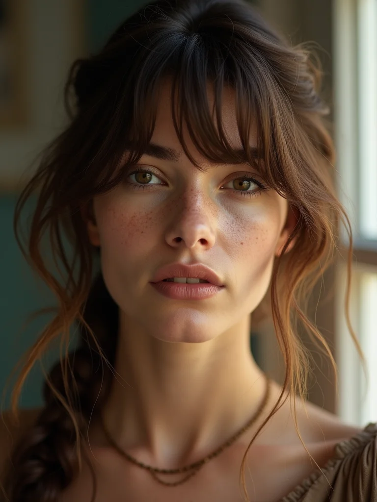 A woman with a curtain-bang bixie, front view, middle-parted fringe framing the face, fair skin with freckles, warm window light