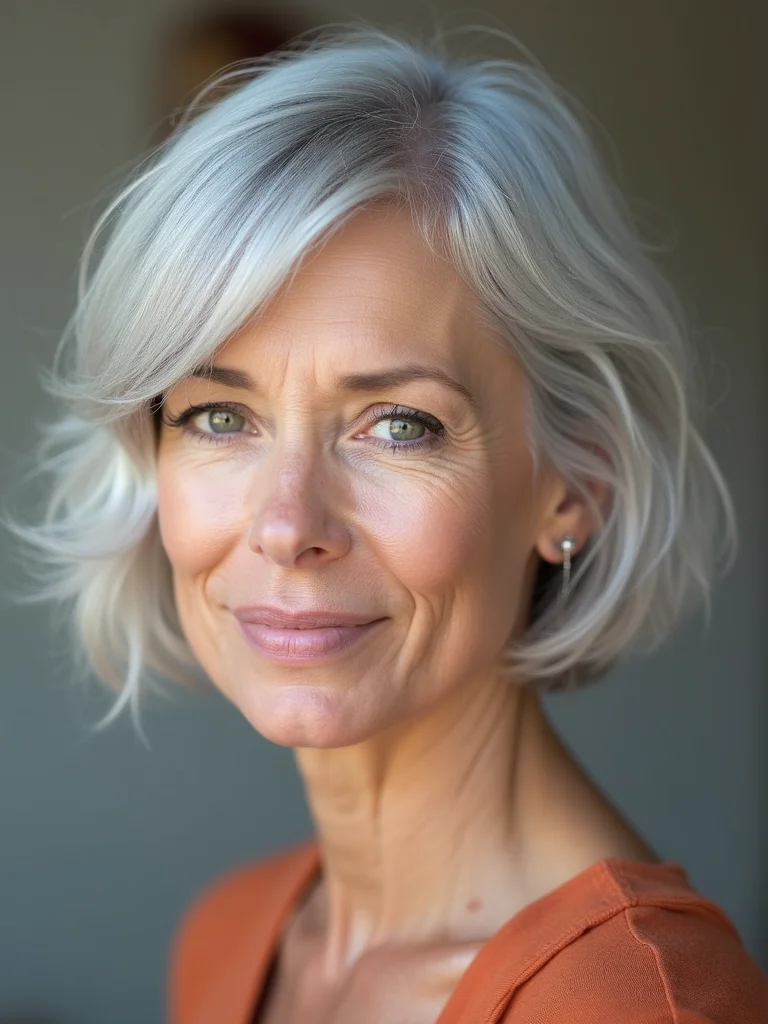 A woman in her 60s with a soft rounded silver bixie, front view, bob-leaning jaw-length shape with gentle volume, calm daylight