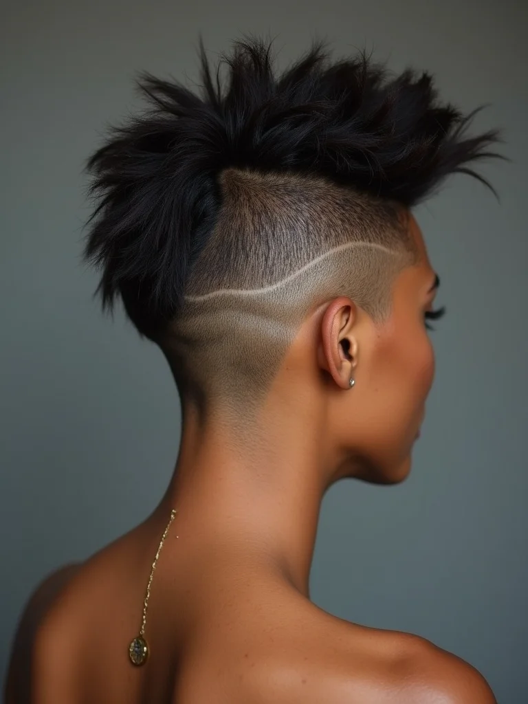 A woman with an edgy undercut bixie, back view showing a shaved-tight nape beneath a longer textured top, studio light, olive skin tone