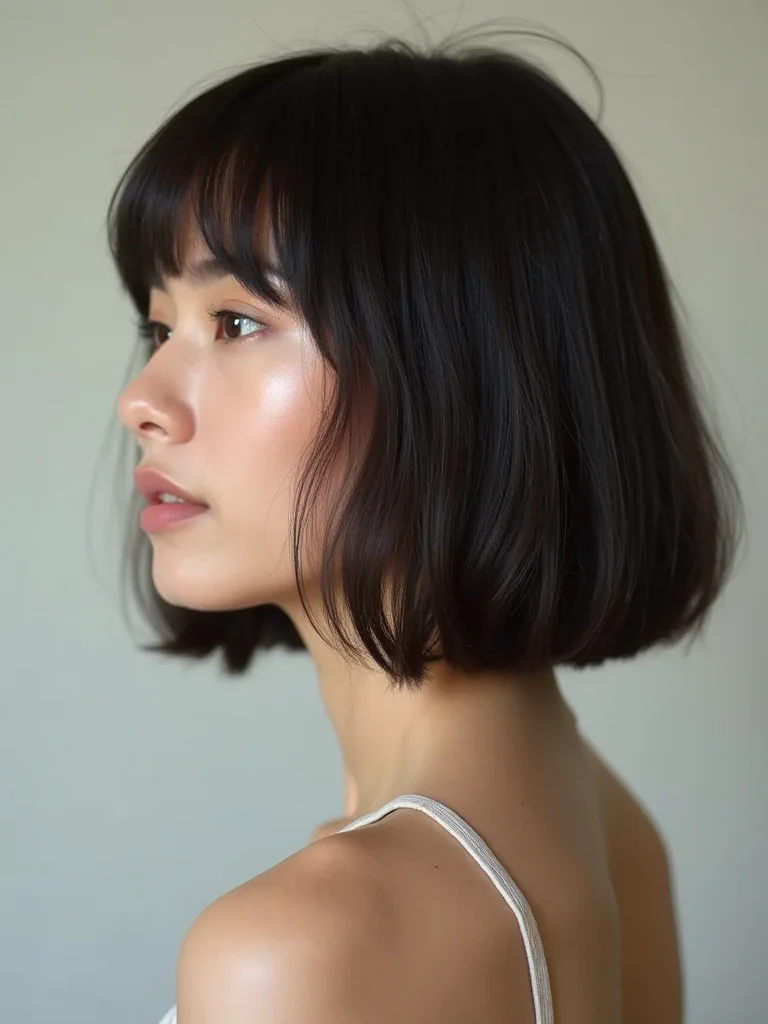 A woman with a long grown-out bixie nearly reaching a bob, side view, chin-length fine straight hair, soft even daylight