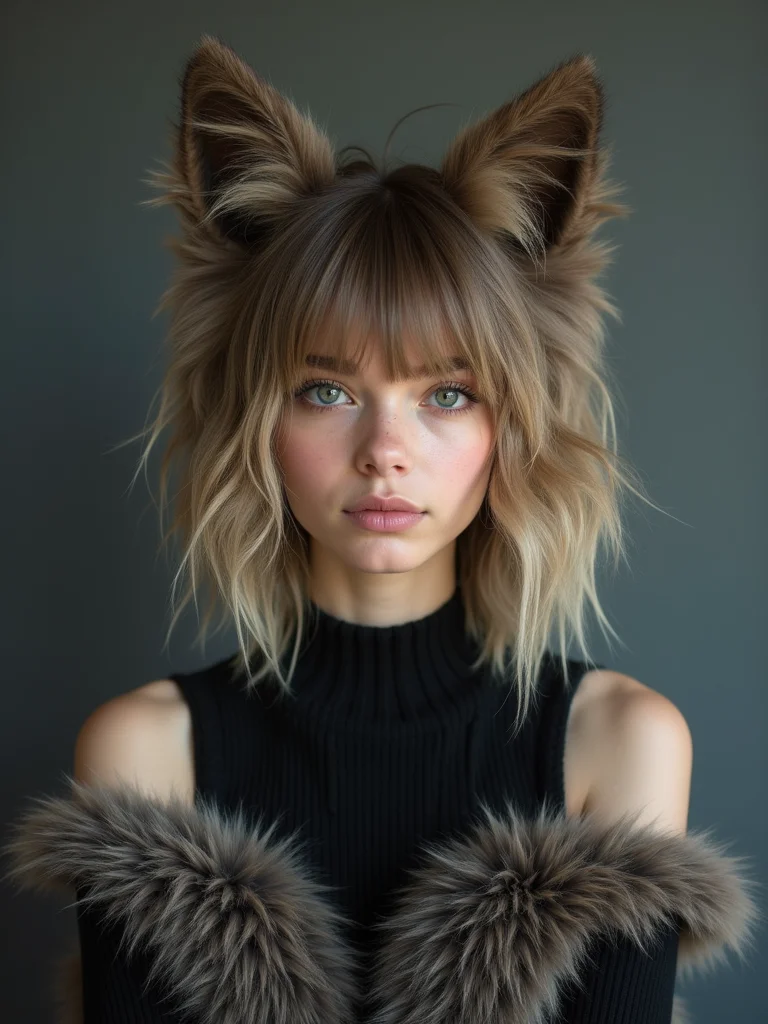 A young woman with a shaggy wolf-influenced bixie, front view, heavy piecey fringe and feathered shaggy sides, muted studio backdrop