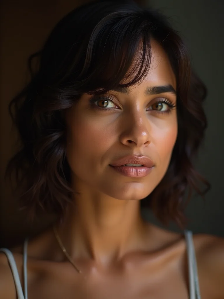 A South Asian woman in her 40s with a side-swept bixie, three-quarter view, a longer fringe sweeping across the forehead, deep skin tone, warm light