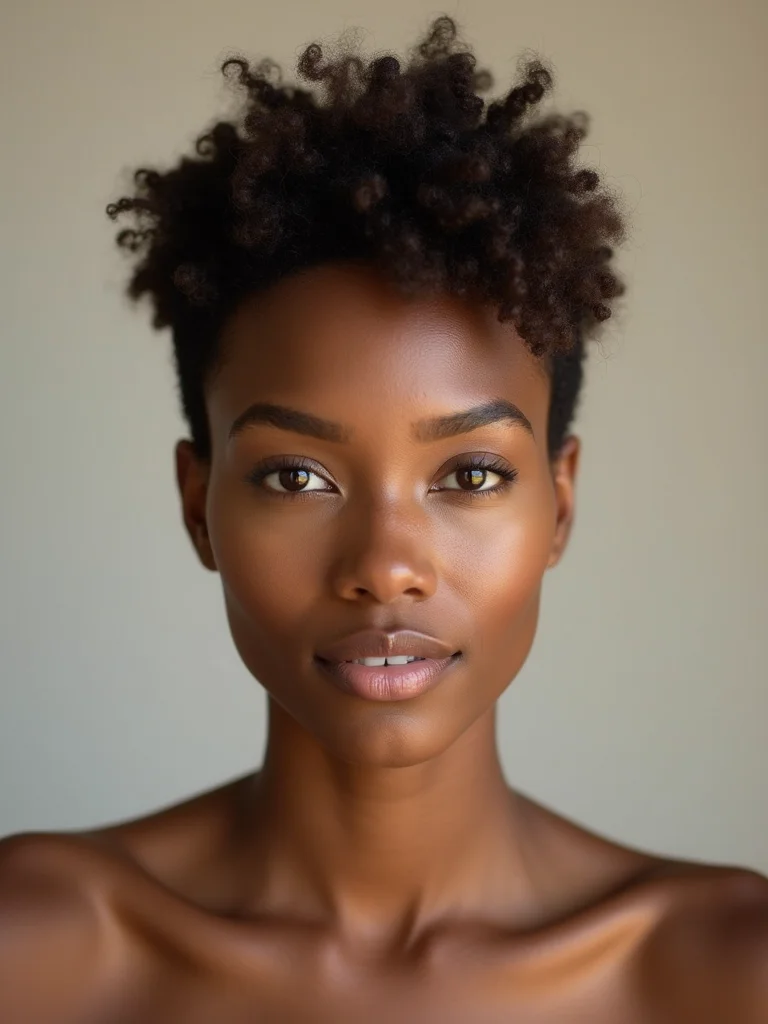 A striking editorial front portrait of a woman with a tousled textured bixie cut, looking straight at camera, clean neutral studio backdrop, soft beauty lighting, mid-brown skin, polished magazine styling