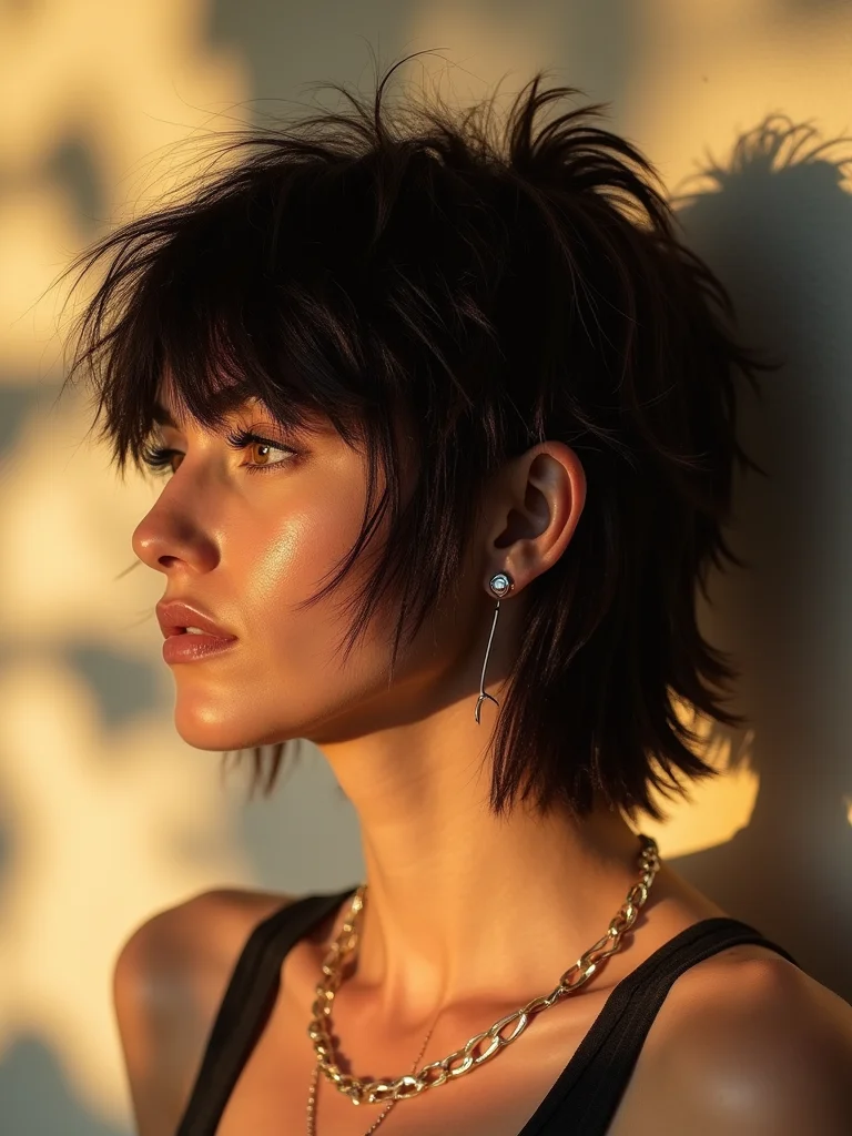 A woman in her 20s with a heavily layered shag mullet and a choppy fringe, side view showing disconnected layers, warm golden-hour light, leafy shadows on the wall