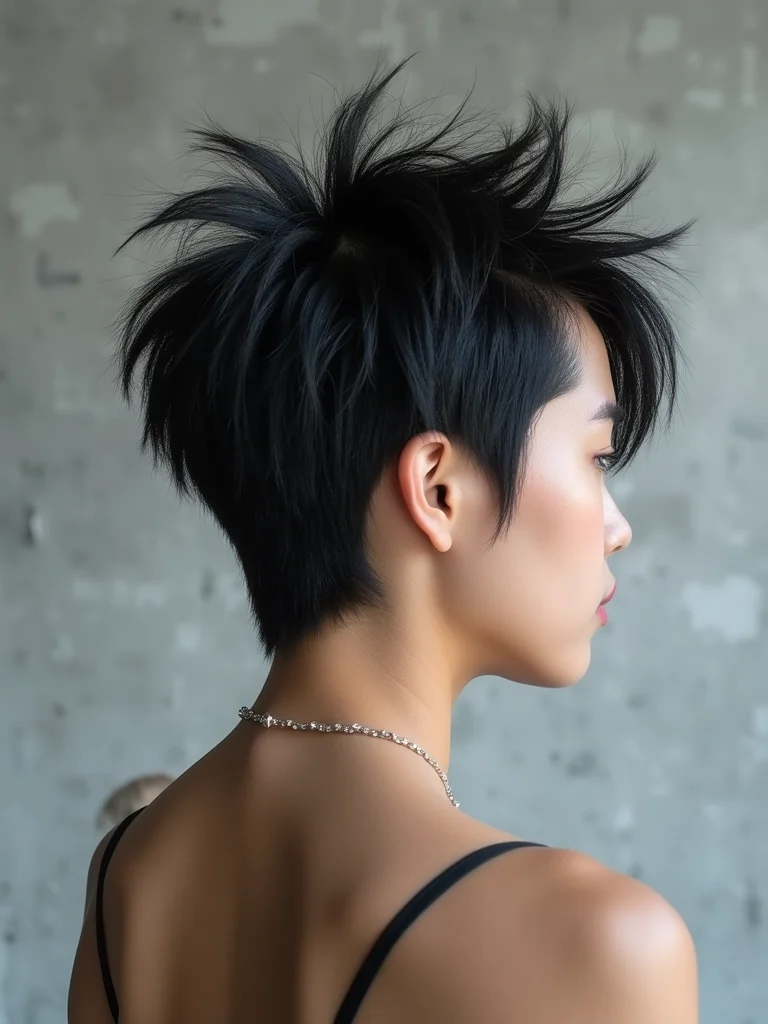 A Korean woman in her early 20s with a spiky black wolf cut mullet, back view showing the wispy tapered nape, urban studio with a plain concrete backdrop