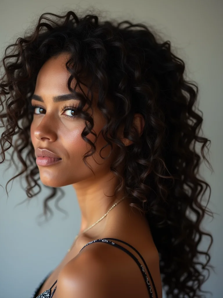A Latina woman with a curly mullet, springy defined coils on top and longer length at the back, close detail shot of the curl pattern, soft diffused light
