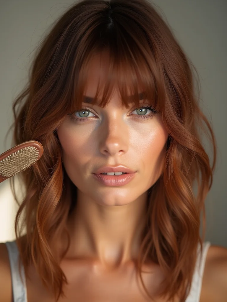 A woman with a chestnut mullet and curtain bangs framing her face, front view mid-styling with a round brush, bright vanity lighting